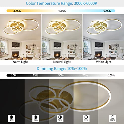 Modern LED Ceiling Light 90W Dimmable Ceiling Light Fixture with Remote Control 5 Rings Flush Mount Ceiling Light Gold Acrylic Chandelier LED for Living Room Bedroom Kitchen Light fixtures