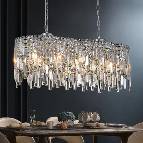 Rectangular Crystal Chandelier for Dining Room Modern Chrome Chandelier Linear Rectangle Pendant Light Fixtures for Kitchen Island L33” K9 Luxury Long Chandelier for Living Room