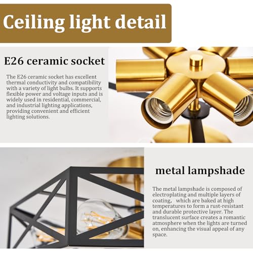 Modern Farmhouse Black and Gold Semi Flush Mount Ceiling Light 19.7 in