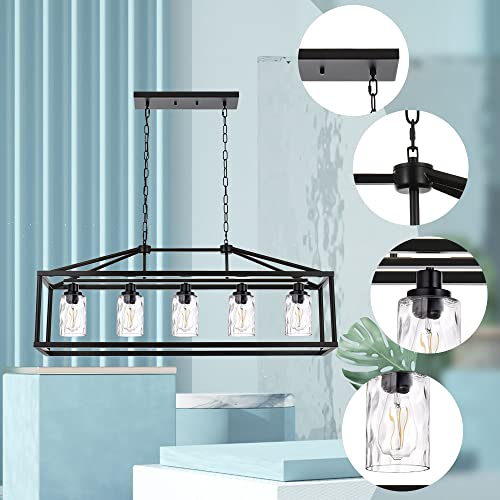 Black Farmhouse Chandeliers Rectangle 5 Light Modern Kitchen Island Pendant Light with Clear Water Glass Industrial Linear Dining Room Lighting Fixture Hanging Flush Mount Ceiling Lights