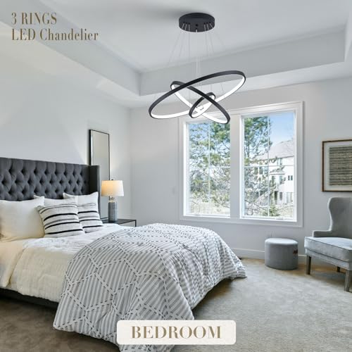 Modern LED Chandeliers 3 Rings Black Chandelier Dimmable LED Pendant Light Fixture Remote Control Contemporary Flush Mount Chandelier for Dining Room Bedroom Foyer