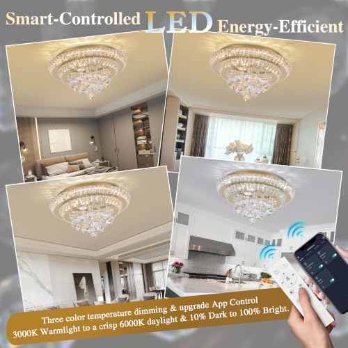18" Gold Crystal Flush Mount Chandelier Modern LED Ceiling Light Fixture