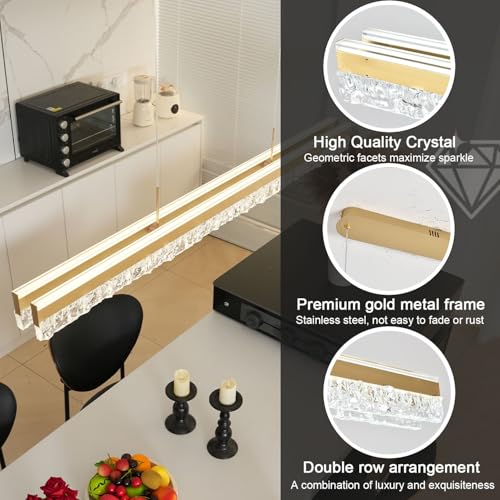 Modern Chandelier Gold Led Crystal Linear Pendant Lights Kitchen Island Lighting Minimalist Dimmable Ceiling Hanging Light Fixture Dining Room with Remote Control