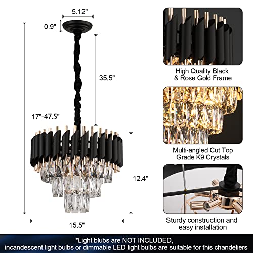 Modern Crystal Chandeliers 3 Tiers Black and gold Pendant Light Fixtures