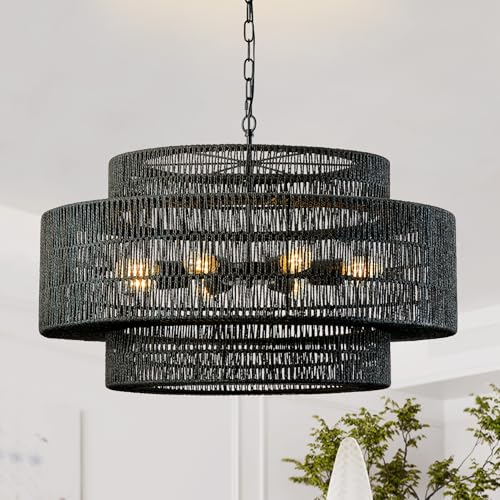 31.5"Large Boho Rattan Farmhouse Chandeliers for Dining Room