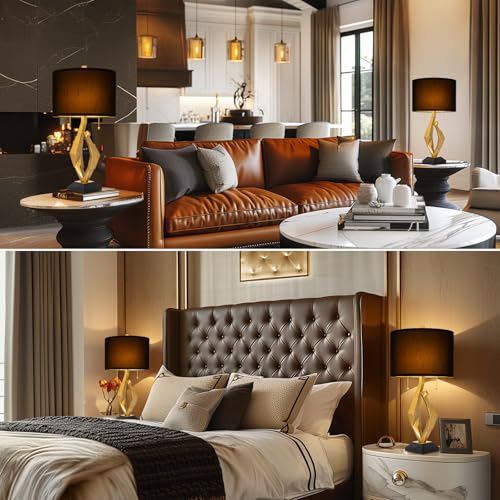Gold Leaf Finish Table Lamp Set of 2 with USB Ports for Bedroom (2 Count)