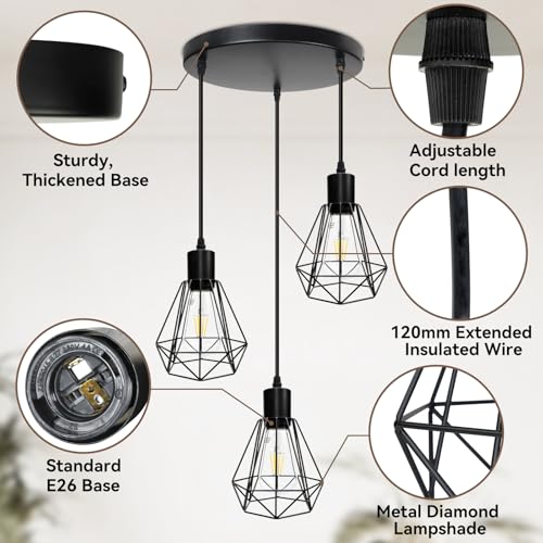 3 Light Matte Black Adjustable Pendant Light with E26 Base