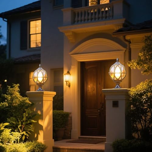 Outdoor Post Light Fixture Hardwired Column Lights with Amber Glass Globe
