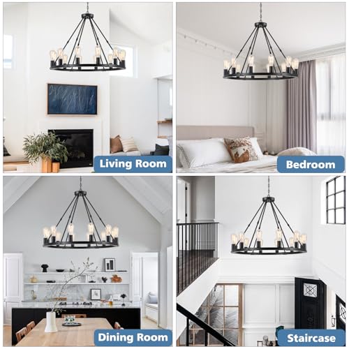 12 Lights Black Wagon Wheel Chandelier (12 Count)