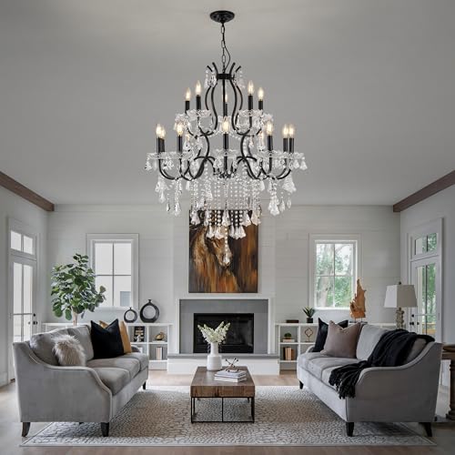 French Country Black Iron Crystal Chandelier