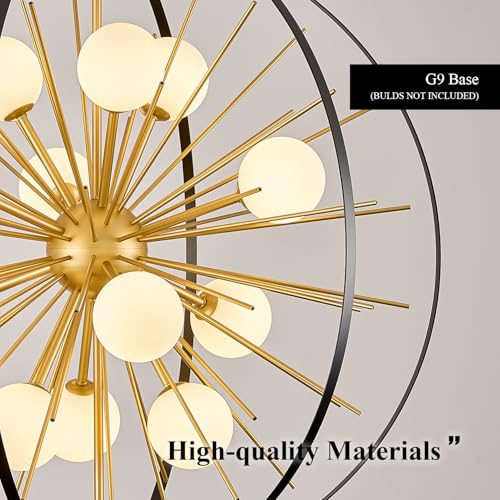 31" 12 Light Black Gold Sputnik Chandelier with Milk Glass Shade