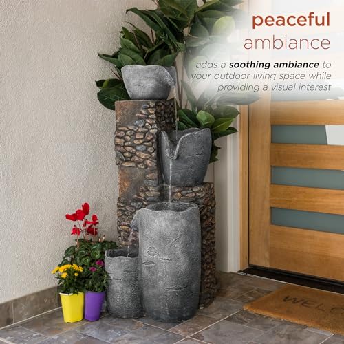 HIM562 Outdoor 4 Tier Stone Bowl Fountain with LED Lights for Garden