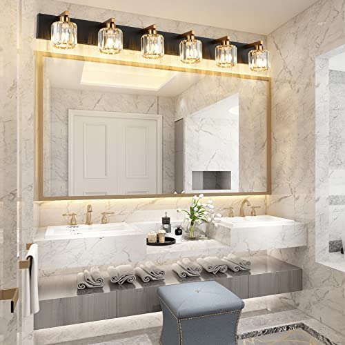 Bathroom Light Fixtures Crystal Vanity Light Black and Gold 6 Lights Vanity Lighting Fixtures