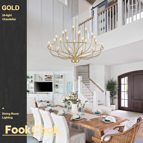 24 Light Gold Chandelier 51'' Large Candle Chandeliers for High Ceiling Foyer Brushed Brass Gold Chandelier Light Fixture for Large Living Room Dining Room Stairs Entry Restaurant Hotel