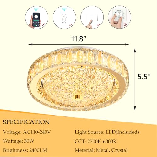 11.8" Modern Mini Crystal Chandelier Dimmable LED Flush Mount Ceiling Light with Remote Control for Bedroom Hallway Dining Room Gold