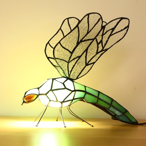 Tiffany Table Lamp Green Dragonfly Stained Glass Bedside Nightstand Night Light