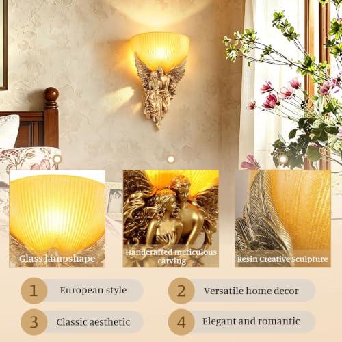 2 Pack Vintage Wall Sconce Lights Gold Unique Antique Sconces with Frosted Glass Lamp Shade Resin Angel Art Deco Style European Modern Wall Lighting for Living Room Hallway Bedroom