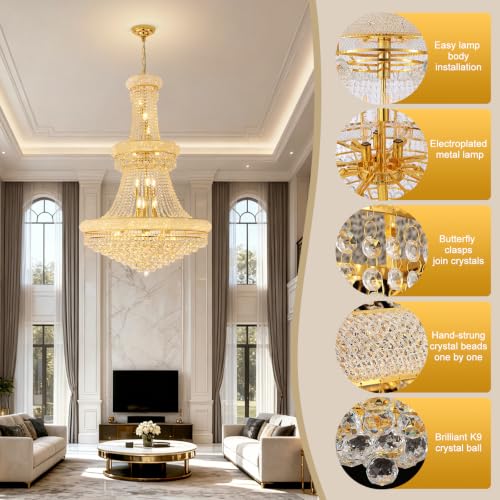 27 Lights High Ceiling Chandelier Modern Gold Crystal Chandeliers Large Foyer Chandelier Fixtures for Staircase Living Room Hallway Entryway