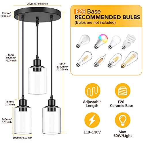 Industrial 3 Light Pendant Light Fixture Clear Glass