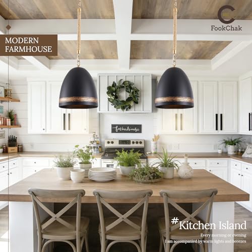 Farmhouse Pendant Light Black 10in Hemp Rope Boho Kitchen Island Lighting French Country Ceiling Pendant Light for Kitchen Sink Dining Room Entry Hallway