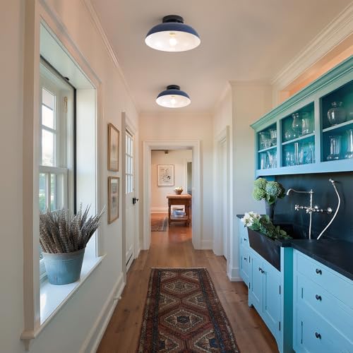 12 Inch Metal Semi Flush Mount Ceiling Light Fixture Industrial Small Ceiling Lights Kitchen Lighting Fixtures Ceiling with Navy Blue Shade for Hallway Entryway Bedroom Foyer Bathroom Laundry Room
