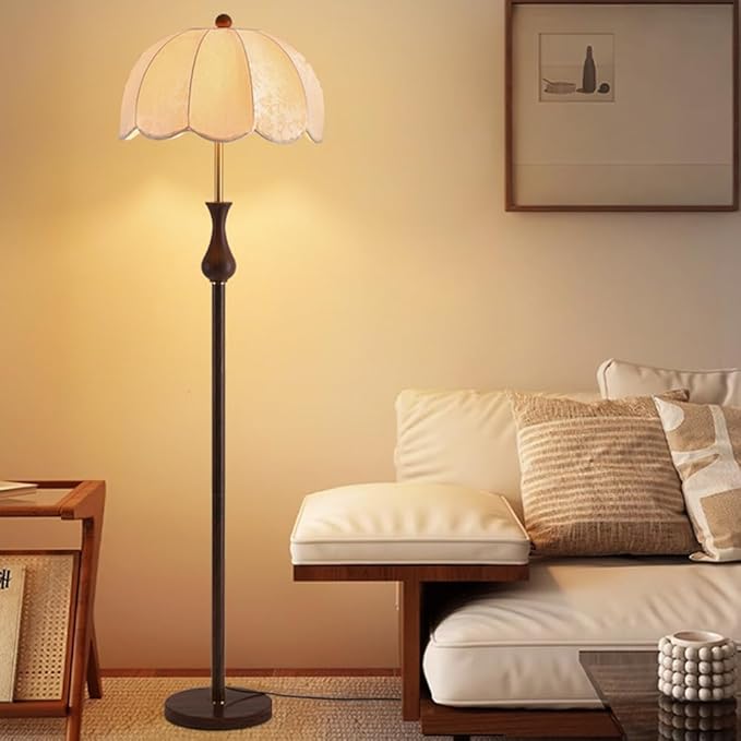 Wabi-sabi Fabric and Wood Grain Floor Lamp with E27 3-Color Dimmer - Modern Tall Lamp for Living Room, Reading Room, Bedroom, Dining Room