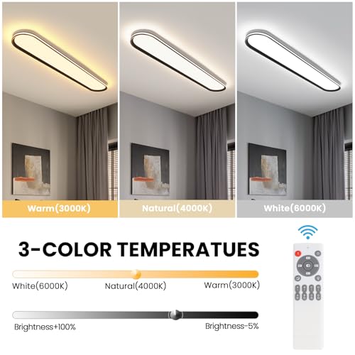 Modern LED Ceiling Light Dimmable Linear Ceiling Light 39.4in Semi Flush Mount Long Lights with Remote Control and Side Lighting for Living Room Kitchen Dining Room (2 Count)