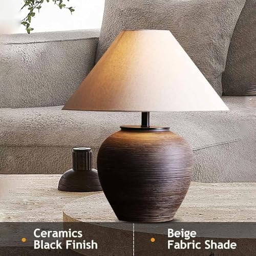 19.6'' Farmhouse Round Ceramic Table Lamp Rustic Retro Desk Lamp Brown Check Body with Off