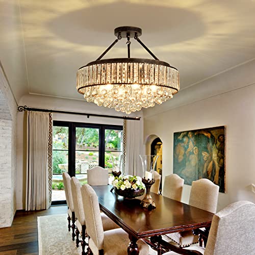 6 Light Modern Crystal Oil Rubbed Bronze Metal Semi Flush Mount Ceiling Light Fixture E26 Indoor Round Ceiling Lamp for Dining