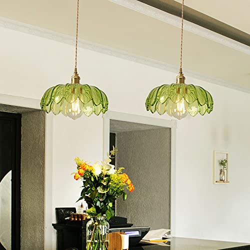 Green Glass Pendant Light Fixtures Medium 9.8 Inches Lampshade Gold Brass Finish and Switch Vintage Pendant Ceiling Lamp Copper Farmhouse Pendant Lighting