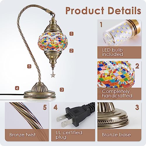 Turkish Moroccan Lamp with Bronze Base 3 Color Options Handmade Swan Neck Mosaic Glass Bedside Lamps for Bedroom