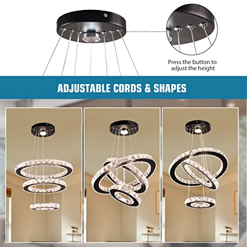 3 Ring Adjustable Height Crystal Chandelier Dimmable LED