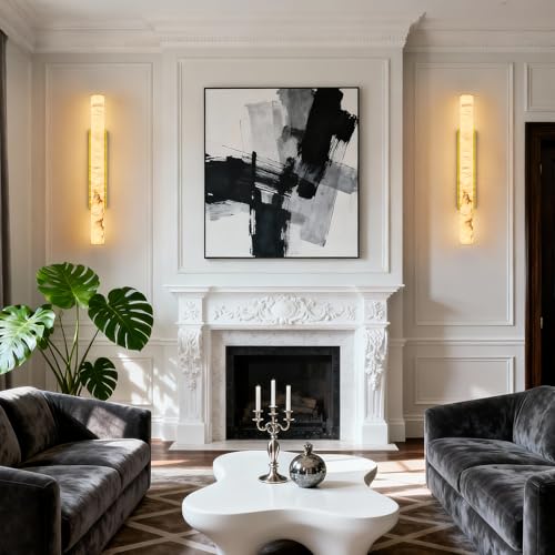 Natural Alabaster Wall Sconces Spanish Marble Wall Light Cylinder Modern Gold LED Sconce for Living Room Bedroom Bathroom Stairs（L