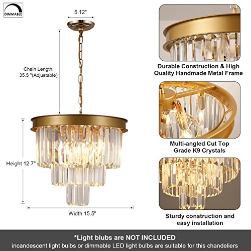 Gold Crystal Chandeliers 16” Modern Pendant Light Fixture for Dining Room