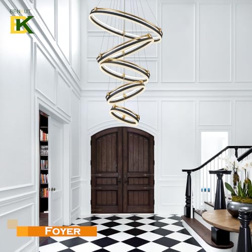 5 Rings Modern LED Chandelier Black Gold Dimmable Large High Ceiling Chandeliers Foyer