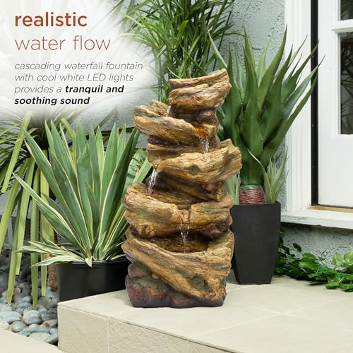 TZL226 Outdoor 4 Tier Log Tree Trunk Waterfall Floor Fountain with LED Lights