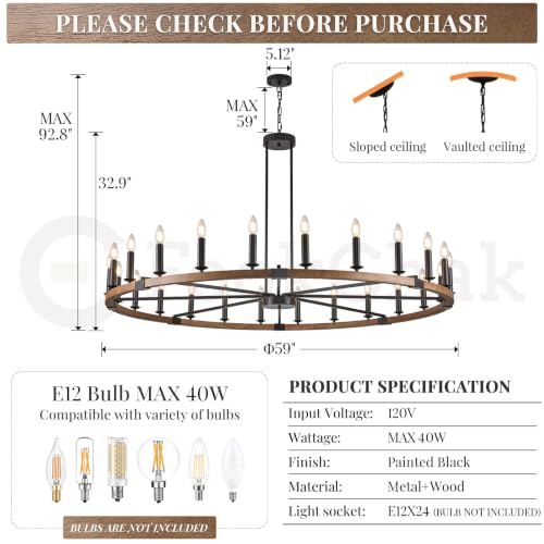Farmhouse Wood Wagon Wheel Chandelier 24 Light Large Round Chandelier 59"
