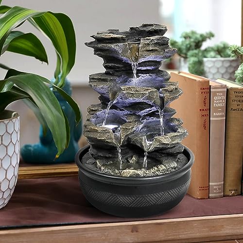 15.7” High Rock Falls Tabletop Water Fountain with LED Lights