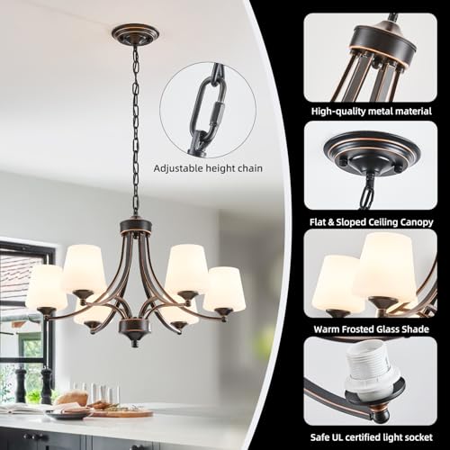 6 Light Farmhouse Chandeliers Black and Gold Dinner Room Light with Frosted Glass 47.2" Adjustable Pendant Ceilling Lighting Rustic Vintage Hanging Lamp for Kitchen Island Dining Table Living Room
