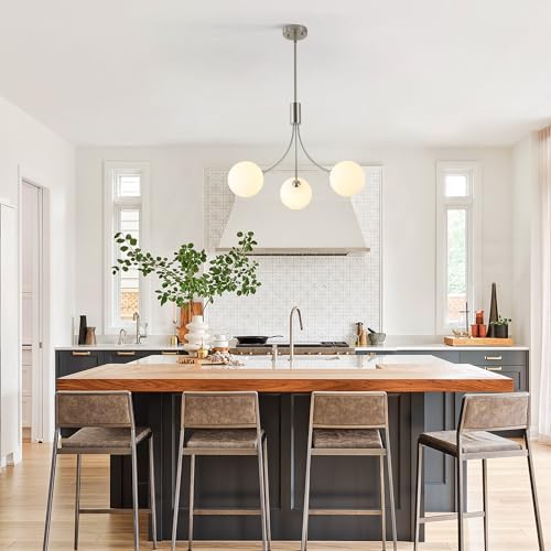 3 Light Brushed Nickel Chandelier Milk Globe Glass Pendant Lights Kitchen Island