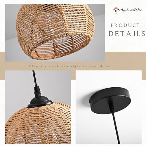 Mini Hemp Rope Woven Pendant Light Woven Light Fixture Boho Chandelier Light Fixture Wicker Pendant Light Rattan Light Pendant Dome Wicker Chandelier for Bedroom Kitchen Island