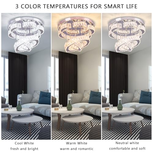 15.7" 2 Ring Flower Crystal Flush Mount Ceiling Light Dimmable remote