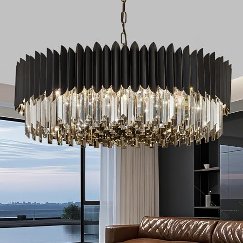 12 Light Large Crystal Chandeliers 30" Dining Room Light Fixture 6 Tiers Flush Mount Smoke Gray and Black Crystal Chandelier Round Pendant Light for Kitchen Living Room Entryway Foyer