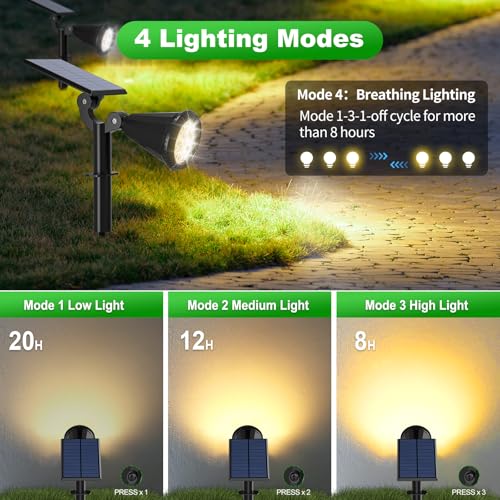 Solar Spot Lights Outdoor Waterproof 180° Adjustable Solar Powered Landscape Lights for Yard 4 Lighting Modes Solar Spotlights for Pathway Garden Outside Wall Pool Porch (2 Count)