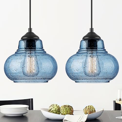 2 Pack Bubble Glass Pendant Lights 8 inch Modern Blue Hand Blown Globe Glass Pendant Lighting Hanging Light fixtures for Kitchen Island Dining Room Bar Bedroom Living Room (2 Count)