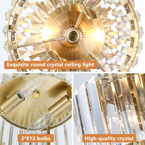 8.89-Inch 2-Light Gold Crystal Flush Mount Ceiling Light Fixture