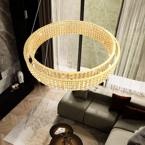 W40 Modern Chandeliers for Living Room LED Dimmable Pendant Lighting High Ceiling Chandelier for Dining Room Foyer Hallway Crystal Rectangle Light Fixtures Gold