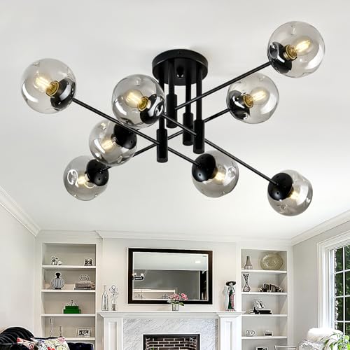 8 Light Sputnik Chandelier with Glass Globe Mid Century Modern Black Ceiling Light Fixture Large Flush Mount Chandelier for Dining Room Bedroom Living Room Kitchen