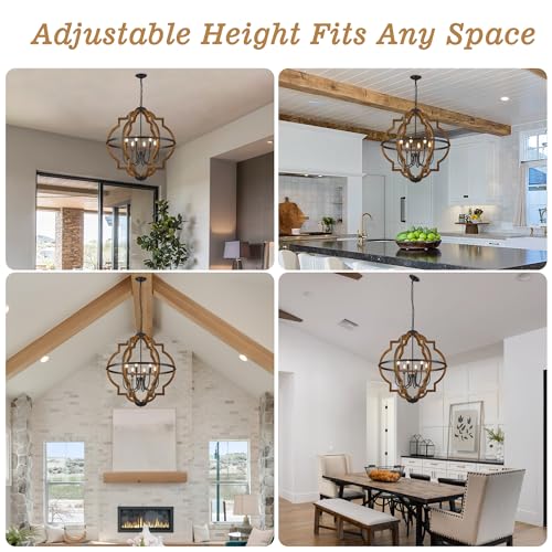31.96" 8 Light Brown Oak Wood Drum Pendant Light for Dining Room