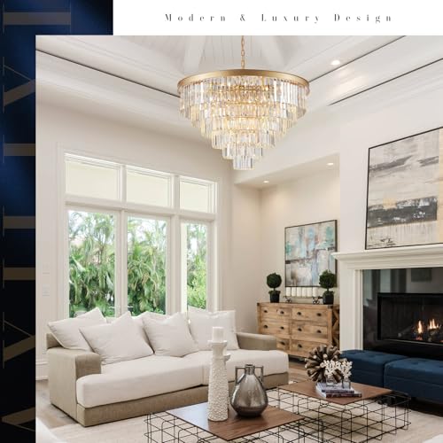 Modern Gold Crystal Chandelier 35”Large Chandeliers for High Ceiling Foyer